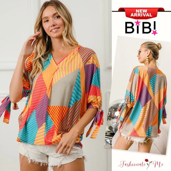 BiBi Multi Stripe Block Printed V-Neck Tied Sleeves Jersey Blouse | Red/Yellow - Picture 1 of 6